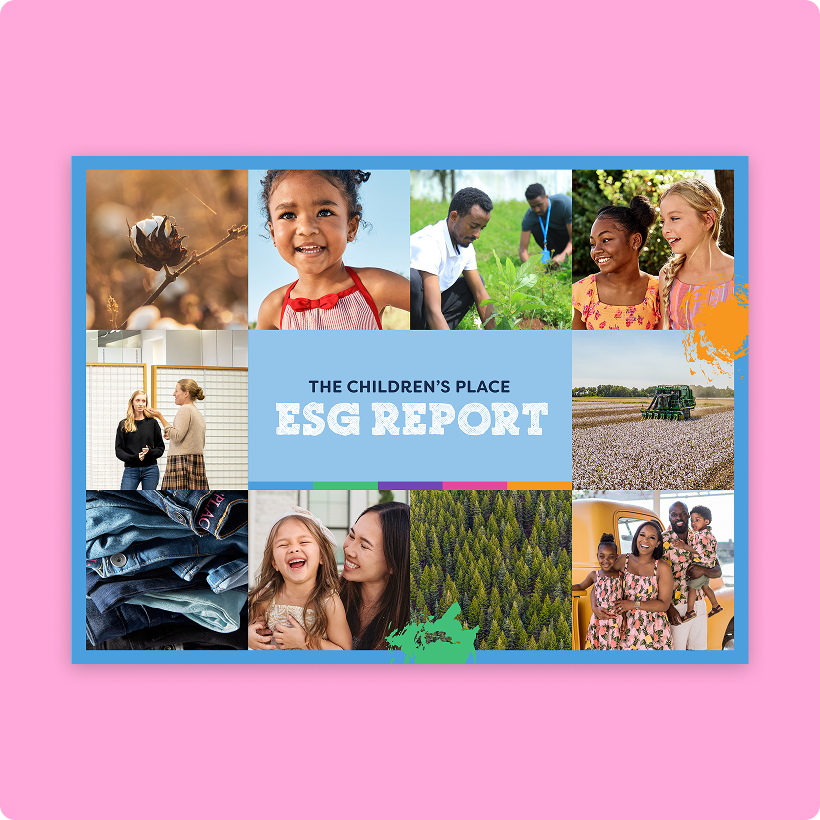 The cover page of The Children's Place ESG Report surrounded by a pink box